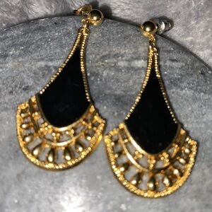 Vintage Avon Fan Dangle Art Deco Style Pierced Earrings Gold Tone Black Enamel
